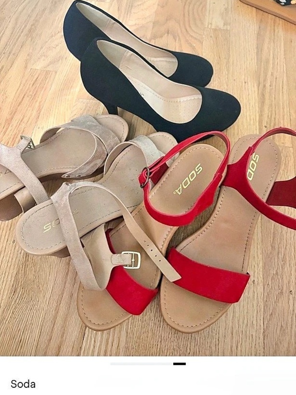 3 pairs of shoes; 2 Soda heeled sandals and a pair of black pumps, like new!